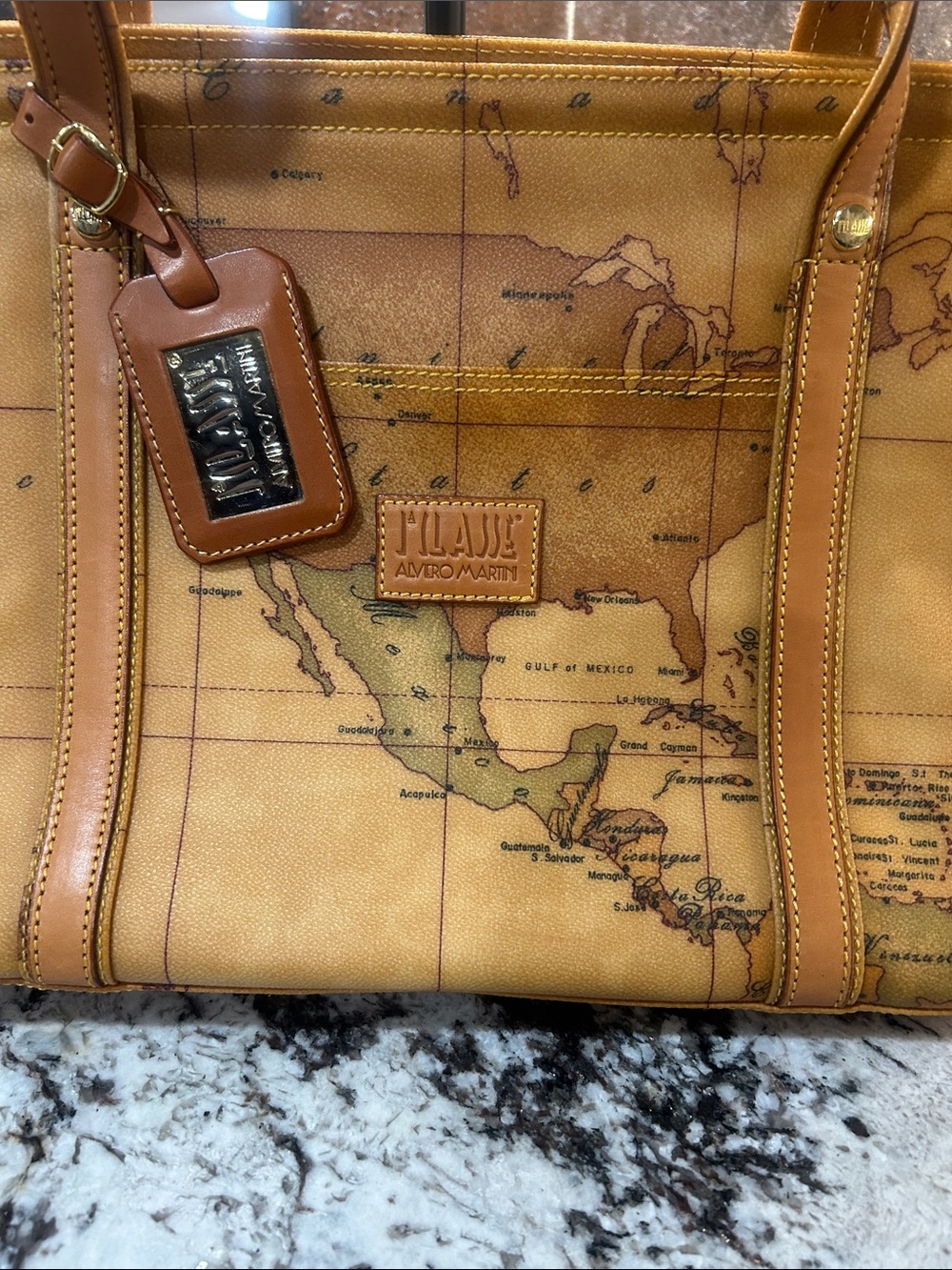 Alviero Martini vtg Tan Map-Print Zip Tote Bag EUC